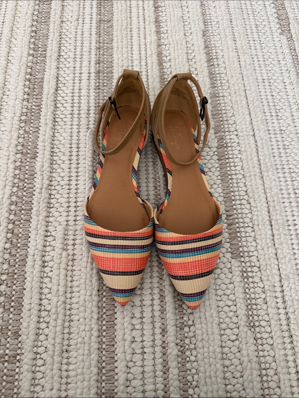 Crown Vintage Multicolor Striped Pointed-Toe Ankle Strap Flats